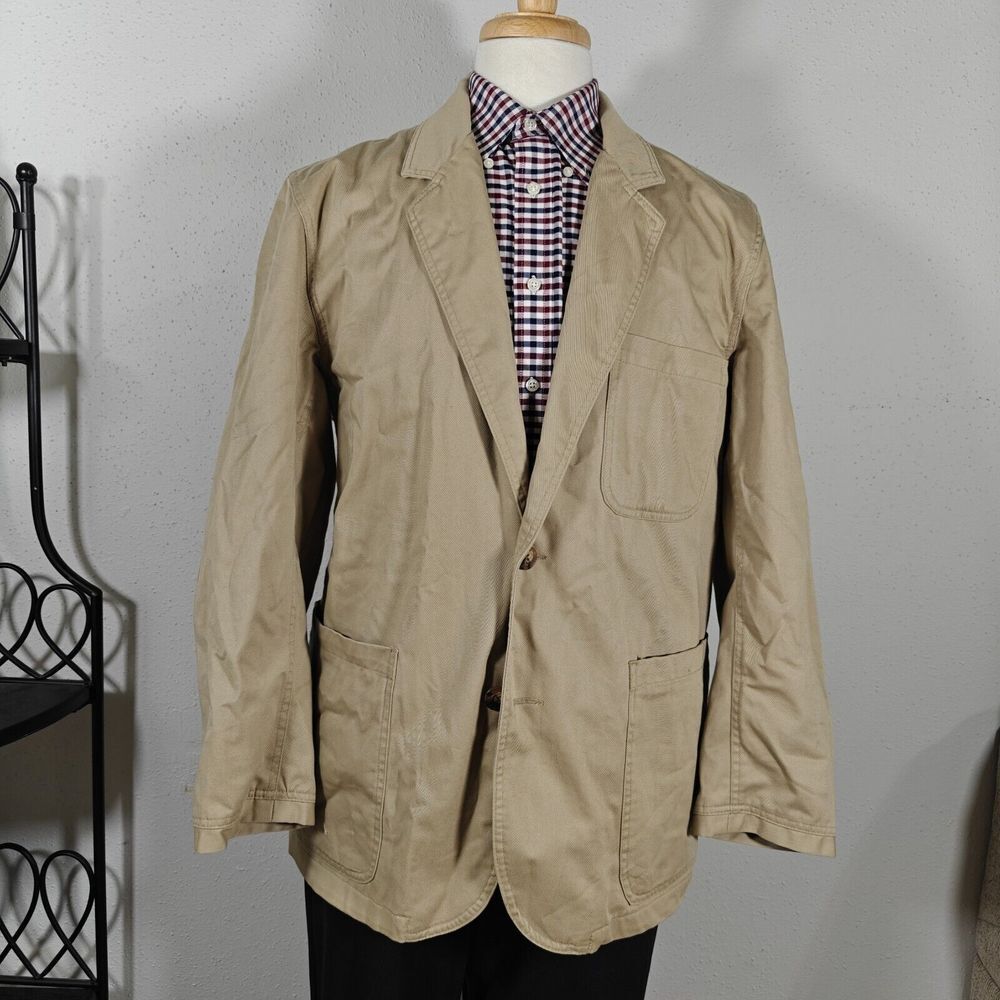 Duluth Trading Co. Mens Sport Coat Blazer Two Button Solid Beige Cotton Heavy LG